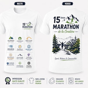 Peut inclure: Un t-shirt blanc présenté de face et de dos. Le devant comporte un petit logo et une grille de logos de sponsors. Le dos affiche un grand graphique représentant un coureur, des montagnes, un pont et le texte 15ème MARATHON de la Cordière.