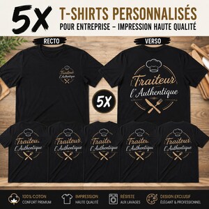 Peut inclure: Un lot de cinq t-shirts noirs avec une impression graphique blanche et dorée. Le devant présente un petit logo avec une toque de chef, une fourchette et un couteau, tandis que le dos affiche le texte Traiteur l'Authentique avec le même motif.
