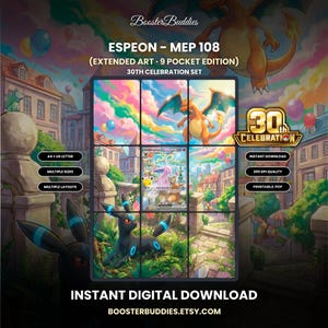 Puede incluir: Una impresión digital titulada Espeon - MEP 108 Extended Art 9 Pocket Edition del 30th Celebration Set. La imagen presenta una cuadrícula de nueve paneles que muestra una escena colorida con Charizard, Espeon y Umbreon en un entorno urbano.