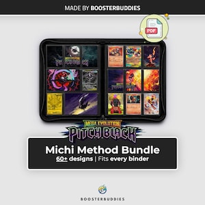 May include: A black zippered trading card binder containing multiple colorful illustrated cards. The text reads MADE BY BOOSTERBUDDIES, MEGA EVOLUTION PITCH BLACK, and Michi Method Bundle 60+ designs | Fits every binder. A PDF icon is visible.