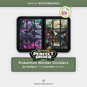 Può includere: Un raccoglitore nero a nove tasche aperto su due pagine di divisori illustrati. La pagina sinistra presenta disegni di Gengar viola e neri, mentre la pagina destra mostra Meowth. Il testo include "PERFECT ORDER" e "MEGA EVOLUTION".