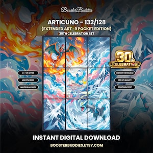 Puede incluir: Una impresión digital que presenta una carta Articuno 132/128 de arte extendido del set 30th Celebration. La imagen muestra un diseño de nueve bolsillos con varias ilustraciones de Pokémon, incluyendo a Charizard y escenas de montañas heladas.