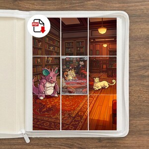 May include: A white binder containing a nine-panel grid display of a library scene. The illustration features a purple Nidoking, a Persian, and a central trading card depicting a person in a suit with a Meowth. A PDF download icon is in the corner.