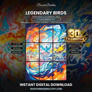 Könnte beinhalten: Ein 9-Karten-Set mit erweiterter Grafik der legendären Vögel Lavados, Arktos und Zapdos. Der digitale Download enthält das 30th Celebration-Branding, verschiedene Layouts und druckbare PDF-Dateien in 300 DPI-Qualität für A4 und US-Letter-Formate.
