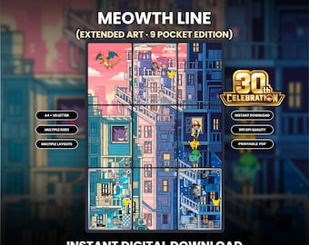 Illustrazione estesa della linea evolutiva di Meowth (Set del 30° anniversario) / Illustrazione stampabile per raccoglitore a 9 tasche / Esposizione per collezionisti di carte collezionabili (Download digitale in PDF)
