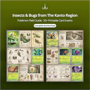 Może przedstawiać: Cyfrowy przewodnik terenowy zatytułowany Insects & Bugs from The Kanto Region zawierający ponad 50 kart do druku. Kolekcja prezentuje różne karty kolekcjonerskie Pokémon wraz ze szczegółowymi diagramami naukowymi o cyklach życia owadów.