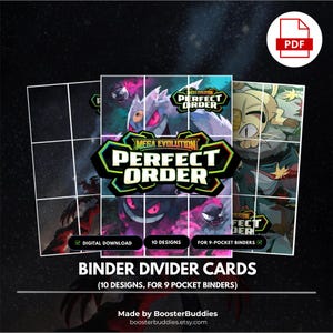 May include: A set of ten digital download binder divider cards for 9-pocket binders, featuring Mega Evolution Perfect Order graphics with purple, pink, and yellow accents. The cards display various character illustrations and text labels.