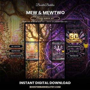 Può includere: Un set di 9 carte per raccoglitore con arte estesa ispirata a Mew e Mewtwo. Il download digitale include formati A4 e US letter, layout multipli e qualità a 300 DPI. Il design mostra una scena boschiva con Mew, Mewtwo e il testo 30th celebration.