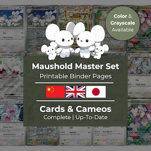 Puede incluir: Una colección de cartas de juego de cartas coleccionables con los personajes "Maushold". La imagen incluye el texto "Maushold Master Set Printable Binder Pages" y "Cards & Cameos Complete | Up-To-Date". Las cartas tienen un esquema de color blanco y gris.