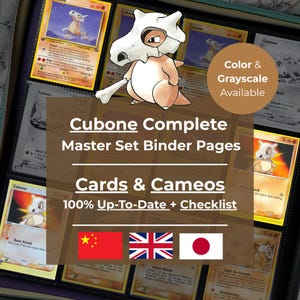 Op de afbeelding: Een pagina-set voor een binder met Cubone Pokémon-kaarten. De afbeelding bevat een Cubone-illustratie, de tekst "Cubone Complete Master Set Binder Pages" en de beschikbaarheid van kleur- en grijswaardenopties.