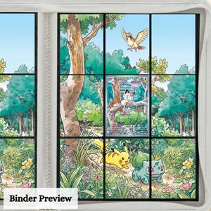 May include: A white zippered trading card binder featuring a multi-page insert with a continuous forest illustration. The artwork depicts a Pidgey flying, a Meowth sitting on a tree branch, and Pikachu and Bulbasaur walking on a path.