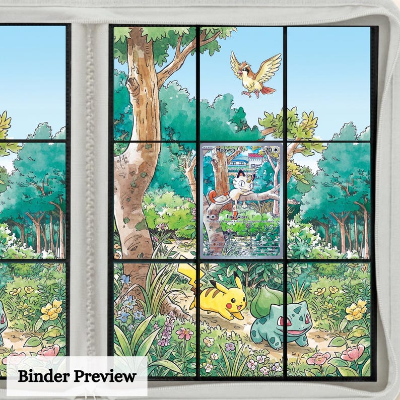 May include: A white zippered trading card binder featuring a multi-page insert with a continuous forest illustration. The artwork depicts a Pidgey flying, a Meowth sitting on a tree branch, and Pikachu and Bulbasaur walking on a path.