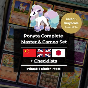 May include: A collection of Ponyta trading cards displayed in a binder. The image shows a cartoon Ponyta with a white body, purple and blue mane and tail. Text on the image reads "Ponyta Complete Master & Cameo Set" and "Printable Binder Pages."
