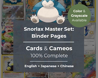 Snorlax Master Set Binder Pages | All CARDS & CAMEOS | English + Japanese + Chinese | 100% Complete (1995-2026) | Printable PDF