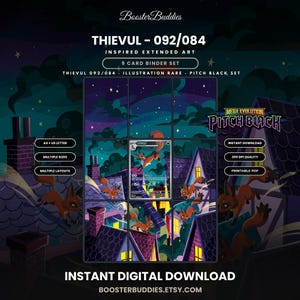 Puede incluir: Un set de 9 cartas para archivador con arte extendido inspirado en Thievul 092/084. El gráfico digital muestra una escena nocturna con un zorro saltando sobre tejados bajo un cielo estrellado. El texto incluye BoosterBuddies, Pitch Black y Mega Evolution.