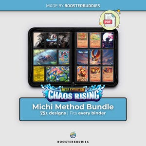 May include: A black zippered trading card binder containing various colorful illustrated cards. The text reads MADE BY BOOSTERBUDDIES, MEGA EVOLUTION CHAOS RISING, and Michi Method Bundle 75+ designs | Fits every binder. A PDF icon is visible in the corner.