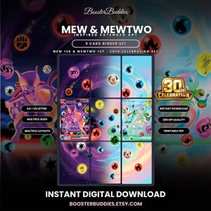 以下が含まれることがあります： MewとMewtwoにインスパイアされた拡張アートの9枚カードバインダーセット。デジタルディスプレイには、BoosterBuddies、Mew & Mewtwo、30th Celebration、A4 + US Letter、Multiple Sizes、Multiple Layouts、Instant Download、300 DPI Quality、Printable PDF、Instant Digital Downloadなどのテキストが含まれています。