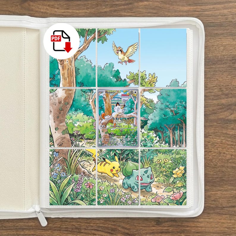 May include: A white binder with nine clear plastic pockets containing a multi-panel illustration of a forest scene. The artwork features a Pidgey flying, a Meowth card in the center, and Pikachu and Bulbasaur walking along a path in the grass.