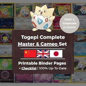May include: A digital collection of Togepi trading cards featuring a central illustration of the character. Text includes: Togepi Complete Master & Cameo Set, Printable Binder Pages + Checklist | 100% Up-To-Date, and Color & Grayscale Available.