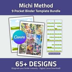 May include: Michi Method 9 Pocket Binder Template Bundle featuring 65+ designs. This digital Canva download includes printable sheets with various landscape backgrounds and slots for trading cards, displayed with a Canva logo overlay.