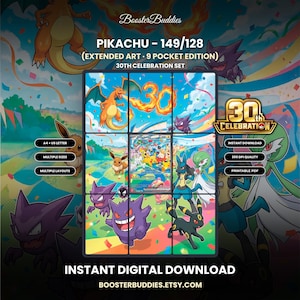 Può includere: Una stampa digitale che presenta l'arte estesa di Pikachu 149/128 dal set 30th Celebration. L'immagine mostra una griglia di nove pannelli con vari personaggi Pokémon come Charizard, Gengar, Eevee, Lucario e Gardevoir con coriandoli.