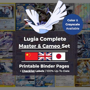 May include: A digital collection of Lugia trading cards featuring a central illustration of the white and blue creature. Text includes Lugia Complete Master & Cameo Set, Color & Grayscale Available, and Printable Binder Pages + Checklist Labels.
