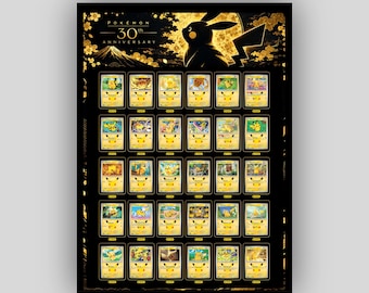 Op de afbeelding: Een zwarte poster met een gouden silhouet van Pikachu, een berg en bloemmotieven. De tekst luidt Pokémon 30th Anniversary. Daaronder toont een raster dertig individuele gele ruilkaarten, elk met een unieke Pikachu-illustratie.