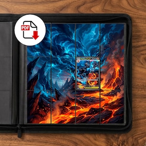 Op de afbeelding: Een zwarte verzamelkaartenmap met ritssluiting en een displaypagina met meerdere vakken. De pagina bevat een grote, doorlopende fantasielandschapillustratie van blauwe bliksemwolken en stromende lava, met één Mega Charizard X kaart.