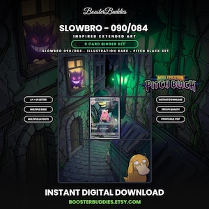 May include: A 9-card binder set featuring extended art of Slowbro 090/084 from the Pitch Black set. The illustration depicts a dark, green-lit alleyway with a purple Gengar in a window and a yellow Psyduck in the foreground. Includes text labels.