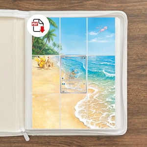 May include: A white binder containing a nine-pocket page with a beach-themed background featuring a sandcastle, palm trees, and a flying Mew. A Squirtle trading card is inserted into the center pocket, displaying the text Withdraw and Skull Bash.