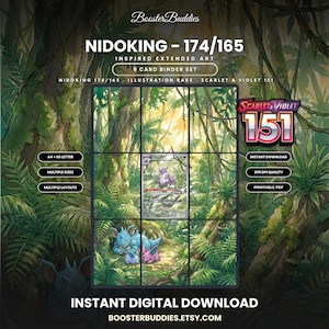 Pode incluir: Um conjunto de 9 cartas para fichário com arte estendida inspirada em Nidoking 174/165 de Scarlet & Violet 151. O gráfico exibe uma cena de selva exuberante com Nidoking, Nidorino e Nidoran, disponível como download digital em PDF.