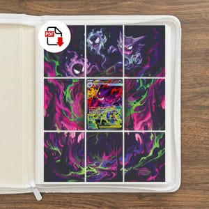 May include: A white binder page with nine pockets containing a Gengar GX trading card in the center. The surrounding pockets feature a continuous dark illustration of purple and green ghostly figures and castle silhouettes against a black background.