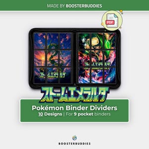 Op de afbeelding: Een zwarte map met verzamelkaartverdelers met illustraties van het groene draakachtige wezen Rayquaza. De tekst luidt "MADE BY BOOSTERBUDDIES", "ストームエメラルダ" en "Pokémon Binder Dividers 10 Designs | For 9 pocket binders".