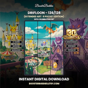 Puede incluir: Una impresión digital titulada DRIFLOON - 136/128 (EXTENDED ART - 9 POCKET EDITION) del 30th Celebration Set. La imagen muestra una cuadrícula de nueve paneles con una colorida escena de parque de atracciones y varias criaturas, incluido un personaje morado.