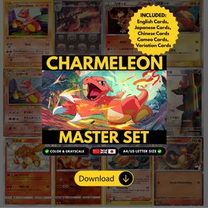 Puede incluir: Una colección digital de cartas coleccionables de Charmeleon con varios diseños, idiomas y estilos. El gráfico central muestra un Charmeleon rojo en una pose dinámica. El texto incluye "CHARMELEON MASTER SET", "INCLUDED: English Cards, Japanese Cards, Chinese Cards, Cameo Cards, Variation Cards" y un botón de "Download".