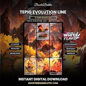 Op de afbeelding: Een 9-kaarten binder set met de Tepig evolutielijn en uitgebreide illustraties. De set bevat kaarten van Tepig, Pignite en Emboar tegen een vulkanisch landschap. Tekst bevat BoosterBuddies, Tepig Evolution Line en Scarlet & Violet White Flare.
