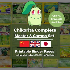 Könnte beinhalten: Eine Sammlung von Chikorita Pokémon-Sammelkarten mit verschiedenen Illustrationen und Kartendetails. Das Bild enthält den Text "Chikorita Complete Master & Cameo Set" und "Printable Binder Pages + Checklist Labels | 100% Up-To-Date."