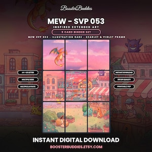 May include: A 9-card binder set featuring Mew SVP 053 inspired extended art. The illustration depicts a town scene with various creatures, including Charizard, Pikachu, Eevee, and Bulbasaur, set against a pink sunset sky. Text includes BoosterBuddies, MEW - SVP 053, and Scarlet & Violet Promo.