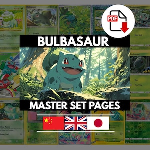 Può includere: Una collezione digitale di carte collezionabili Bulbasaur visualizzate come pagine di un set master. L'immagine centrale mostra un Bulbasaur verde acqua in una foresta. Il testo recita BULBASAUR MASTER SET PAGES, con un'icona PDF e tre bandiere.
