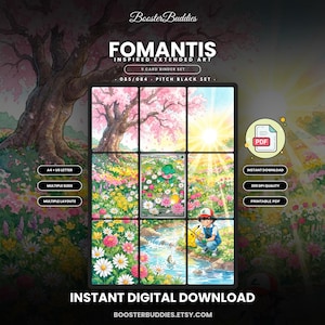 Puede incluir: Un set de nueve cartas con arte extendido inspirado en Fomantis. La ilustración muestra un prado con un cerezo en flor, un sol brillante y un personaje pescando con una criatura amarilla. El texto incluye BoosterBuddies, Fomantis, 085/084, Pitch Black Set, A4 + US Letter, Instant Download, 300 DPI Quality, Printable PDF e Instant Digital Download.