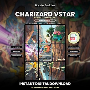 Puede incluir: Un conjunto digital de 9 cartas con arte extendido de Charizard VSTAR. La ilustración muestra un paisaje rocoso con Venusaur, Pikachu y Charizard. El texto incluye BoosterBuddies, Charizard VSTAR, SWSH262, Scarlet & Violet Promo, A4 + US Letter, Multiple Sizes, Multiple Layouts, 300 DPI Quality, Printable PDF e Instant Digital Download.