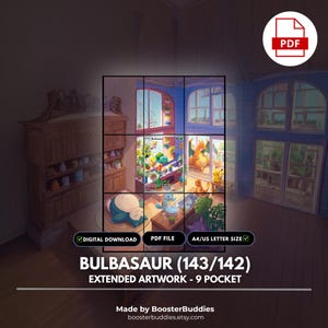 Könnte beinhalten: Eine digitale PDF-Datei zum Herunterladen mit erweiterter Grafik von Bisasam (143/142) in einem 9-Taschen-Layout. Das Bild zeigt ein Raster aus neun Feldern mit verschiedenen Pokémon in einem sonnendurchfluteten Raum sowie Textbeschriftungen für digitalen Download, PDF-Datei und A4/US-Letter-Format.
