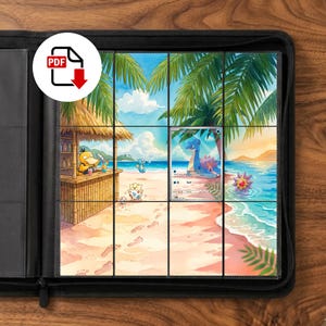 May include: A black zippered trading card binder containing a multi-panel display sheet. The sheet features a beach scene illustration with a tiki bar, Psyduck, Togepi, and a Lapras trading card placed in one of the clear plastic pockets.