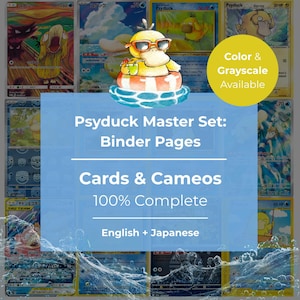 Könnte beinhalten: Eine Sammlung von Psyduck-Sammelkarten mit verschiedenen Illustrationen der Figur. Das Bild enthält einen gelben Kreis mit dem Text "Color & Grayscale Available". Der Text auf dem Bild lautet "Psyduck Master Set: Binder Pages".