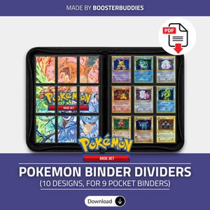 Può includere: Un raccoglitore nero contenente carte collezionabili con illustrazioni di personaggi colorate. Il testo recita MADE BY BOOSTERBUDDIES, POKEMON BASE SET e POKEMON BINDER DIVIDERS (10 DESIGNS, FOR 9 POCKET BINDERS). È visibile un'icona PDF.