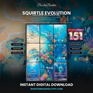 May include: A 9-card binder set featuring Squirtle evolution inspired extended art from the Scarlet & Violet 151 series. The digital display shows three rows of cards with aquatic themes, including Squirtle, Wartortle, and Blastoise illustrations.