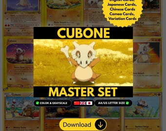 May include: A digital collection of Cubone trading cards featuring various illustrations of the character. The text reads CUBONE MASTER SET, INCLUDED: English Cards, Japanese Cards, Chinese Cards, Cameo Cards, Variation Cards, and Download.