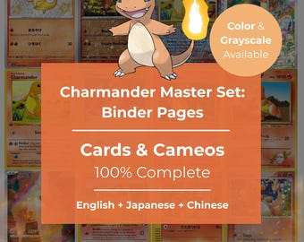 Charmander-masterset bindpagina's | Alle KAARTEN EN CAMEO'S | Engels + Japans + Chinees | 100% compleet (1995-2026) | Afdrukbare pdf