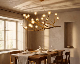 Raphelux Nordic Light Tree Branch Wooden Chandelier, Hanging Chandelier With Bubble Glass Industriel Decor