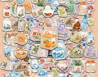 50pcs CuteTransparent Stickers,Kawaii AESTHETIC Drink Sticker,Waterproof Stickers, Water Bottles Stickers, waterproof